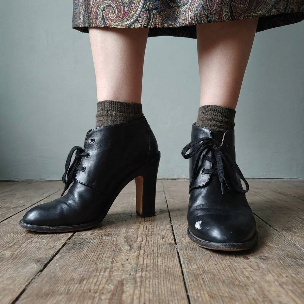 Dries Van Noten Womens Boots 37 Black Lace Up Block Heel Leather Designer Boho